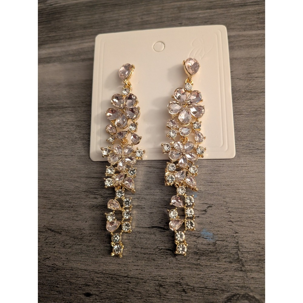 Gold-Tone Pink Crystal Floral Drop Earrings